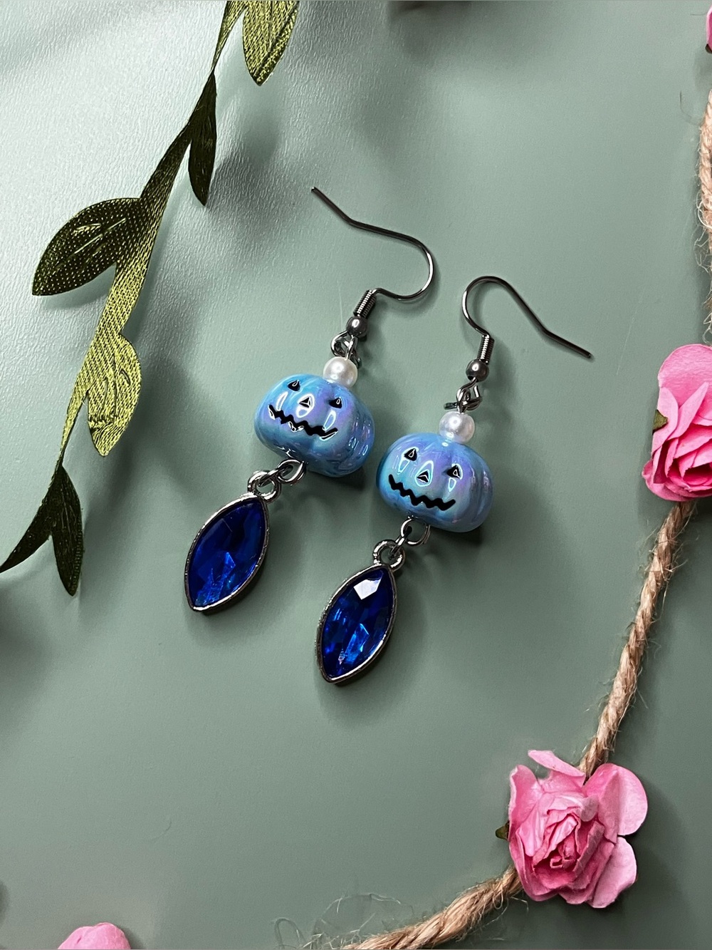 Handmade Blue Pumpkin Jack o Lantern Drop Earrings with Sapphire Blue Rhinestone